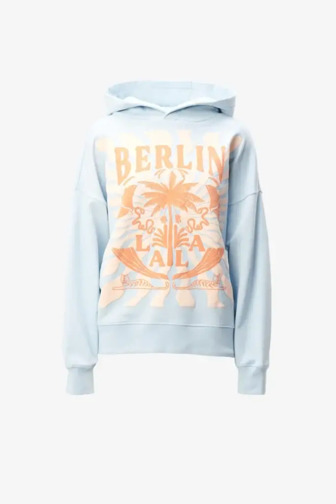 Lala Berlin Hoodie Irina cotton sunset palm light blue Valentinstagsangebot