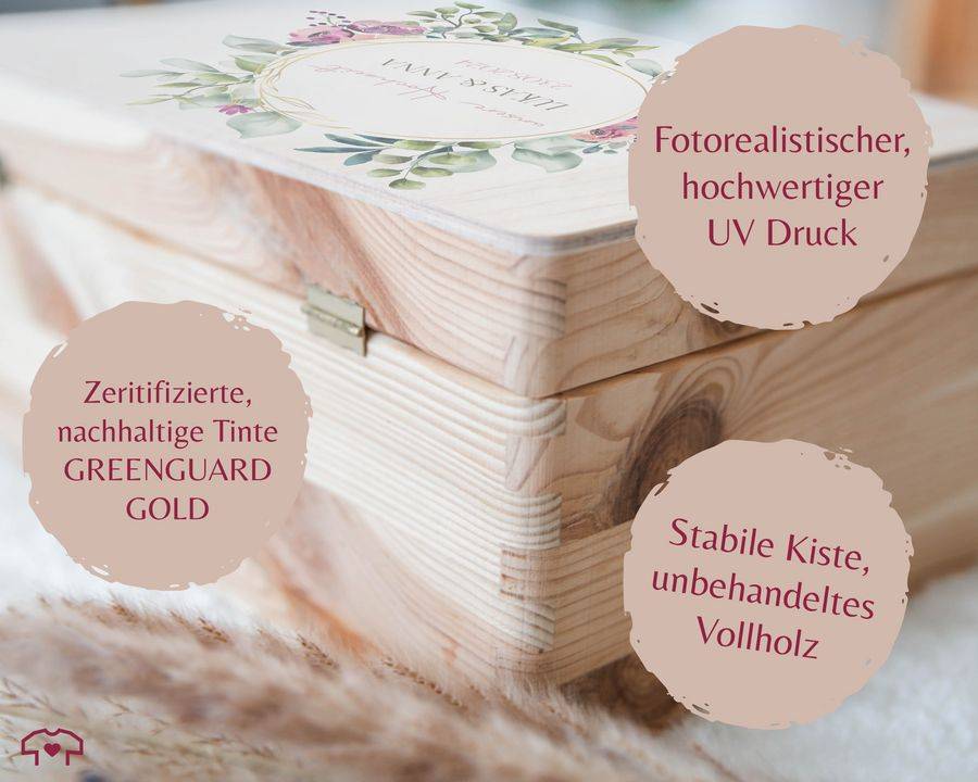 Shirtracer Erinnerungsbox Unsere Hochzeit mit Blumenkranz personalisiert Geschenke zur Hochzeit Shirtracer Bestseller