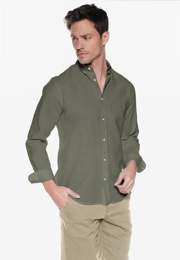 Steffen Klein Leinen-Hemd Slim Fit in khaki Fabrikverkauf