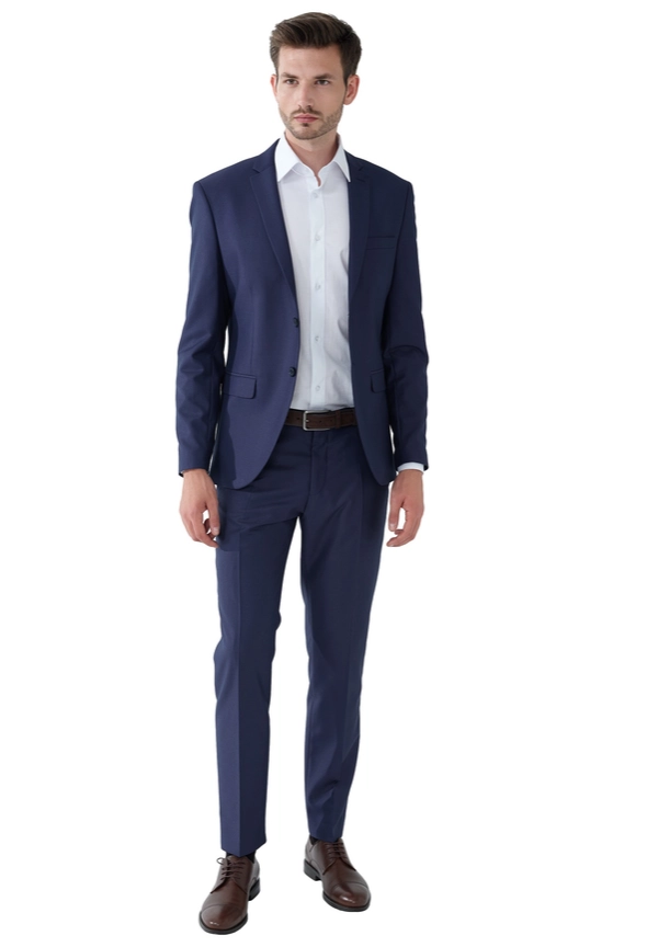 Steffen Klein 2-Teiliger Slim Fit Business Anzug Smoking 2-Knopf Sakko in marine strukturiert Muttertagsangebot