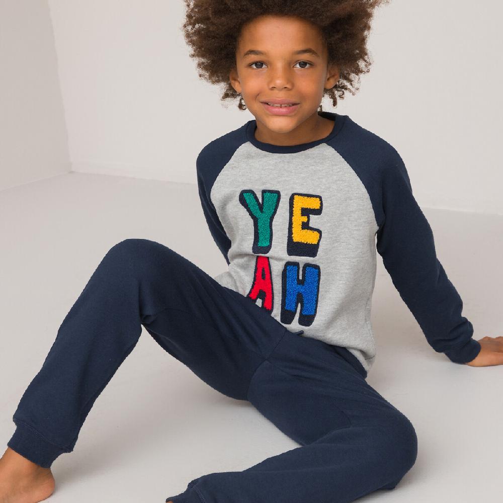 laredoute Pyjama aus Sweatware mit gestickter Frotteeschrift blau/grau LA REDOUTE COLLECTIONS Sonderangebote