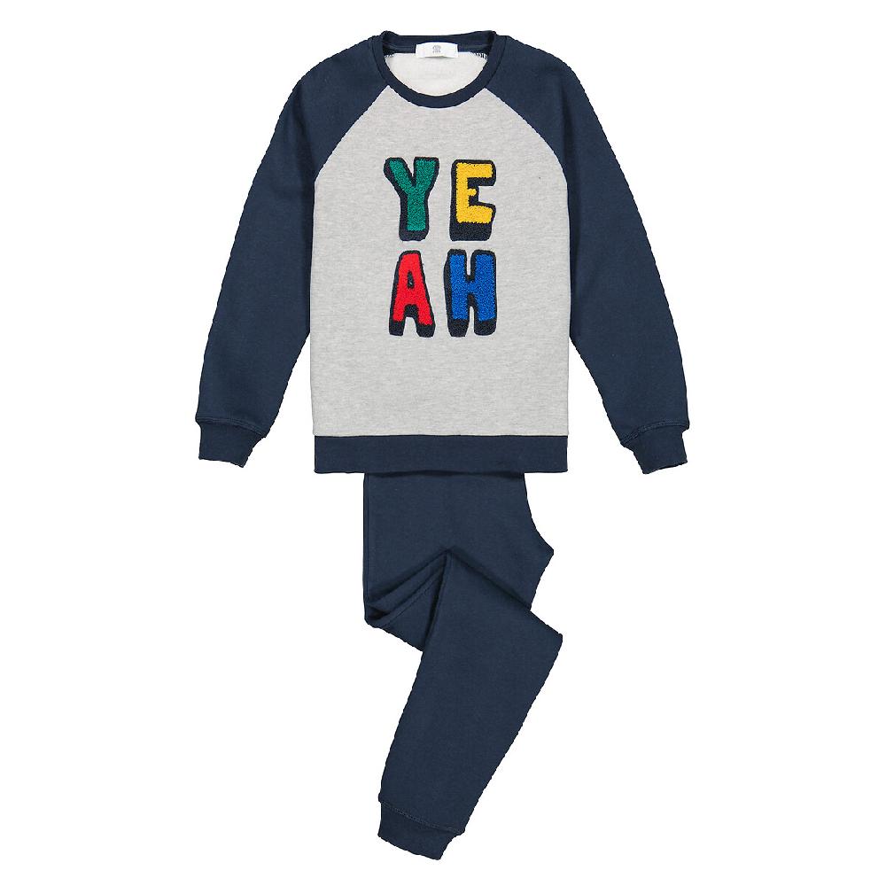 laredoute Pyjama aus Sweatware mit gestickter Frotteeschrift blau/grau LA REDOUTE COLLECTIONS Sonderangebote