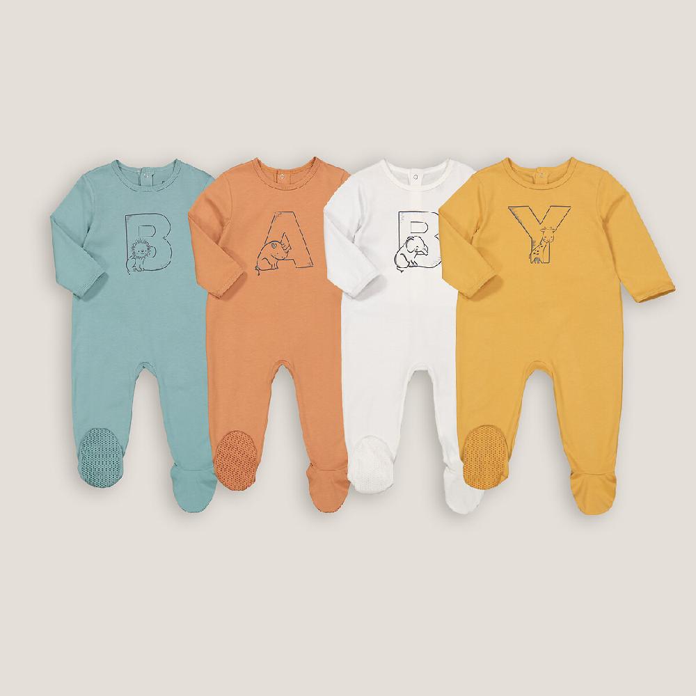 laredoute 4er-Pack Strampler mit Fuss Buchstabenmotiv blau + braun + ecru LA REDOUTE COLLECTIONS Sonderangebot
